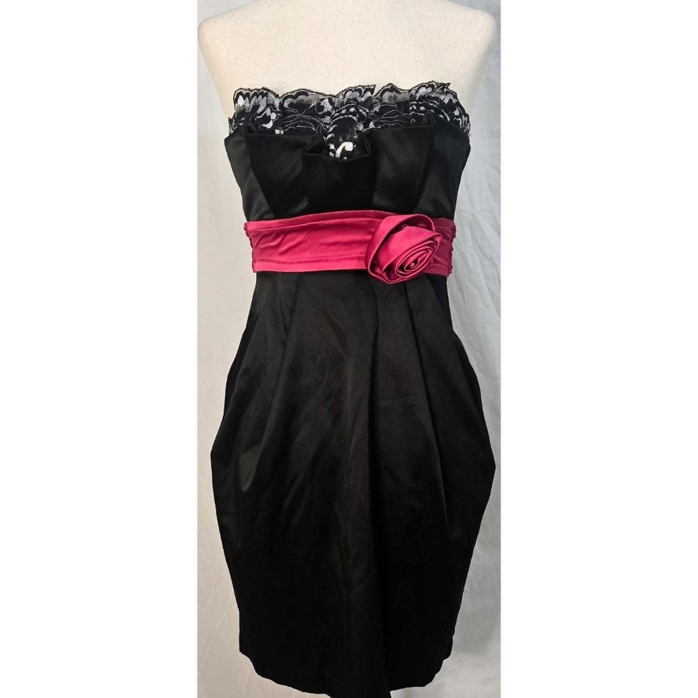 Y2K Babydoll Strapless Dress Satin Black Pink Homecoming Formal Lace Vintage